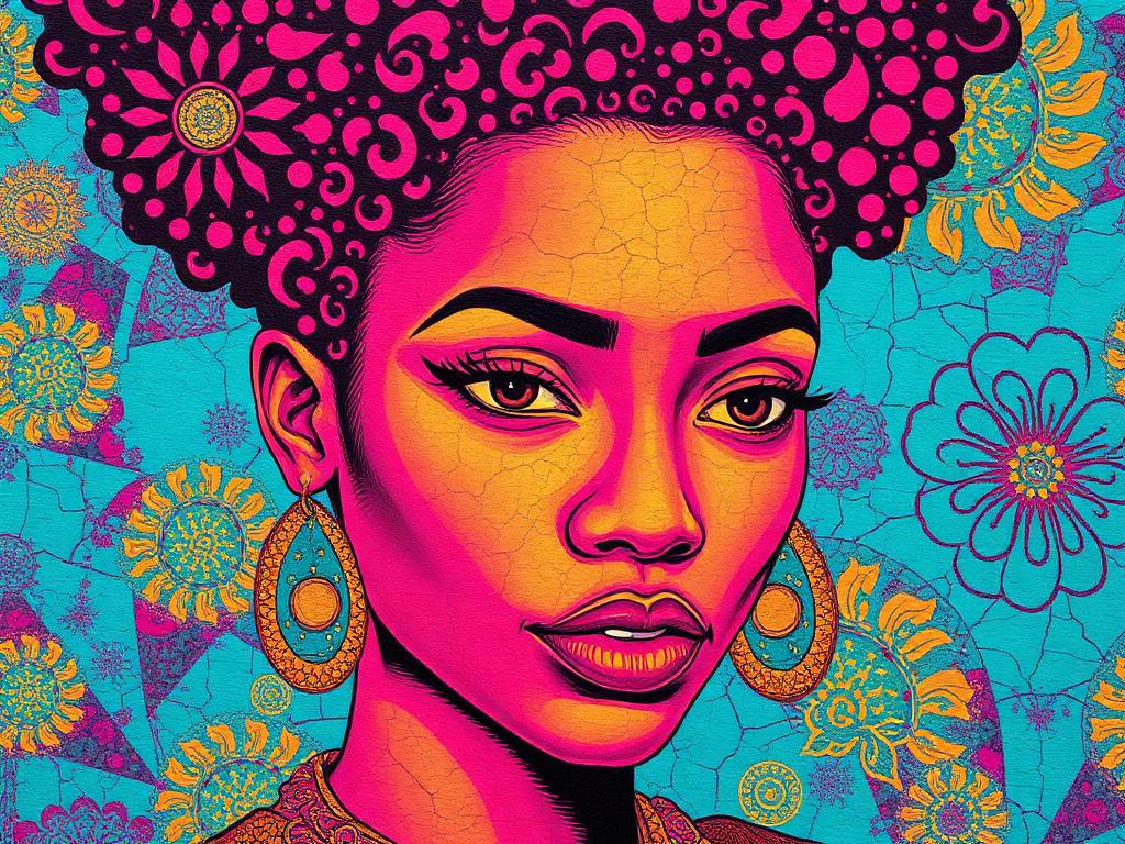 Afrofuturist portrait rendered in batik wax-resist style